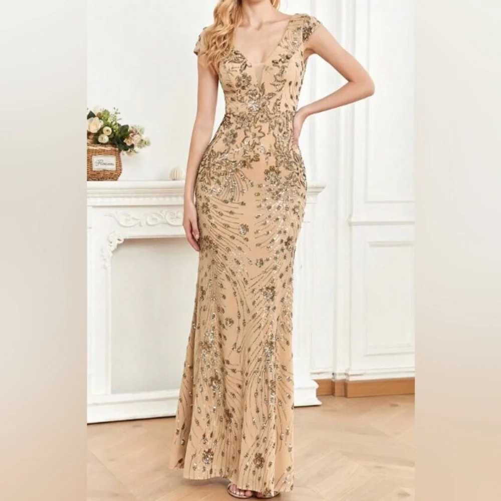 Luxe V neck sequin formal evening party dress - Picture 5 of 9